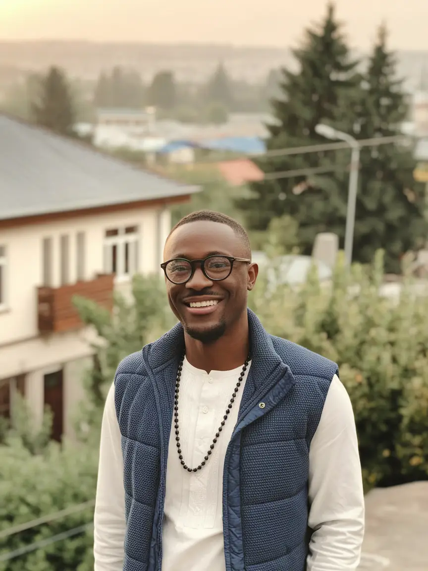 Homme souriant devant une maison à Thiès – Opportunité immobilière au Sénégal
