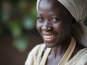 Acheter une maison au Sénégal – Investissez à Dakar 4 Portrait d’une femme sénégalaise souriante – Tradition et élégance