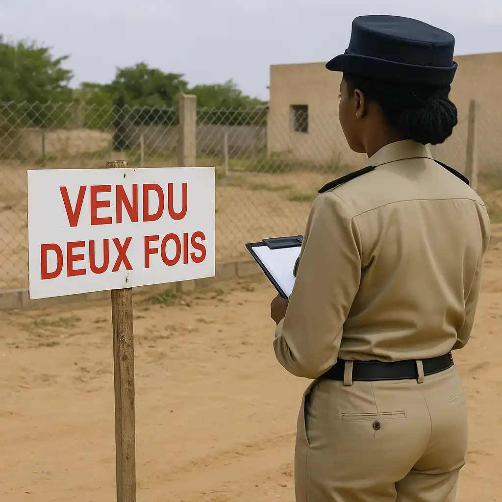 agent devant un panneau d'un terrain vendu deux fois