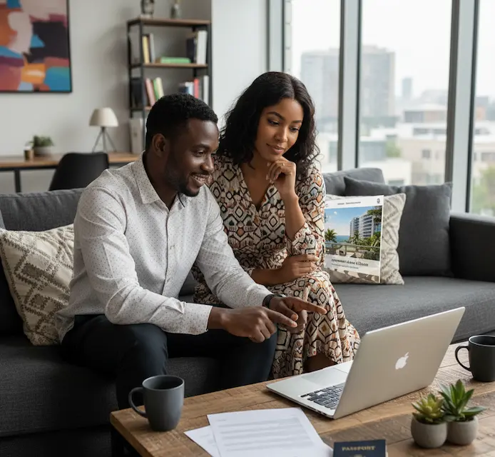 Couple sénégalais consultant en visioconférence la vidéo d'un appartement VEFA à Dakar