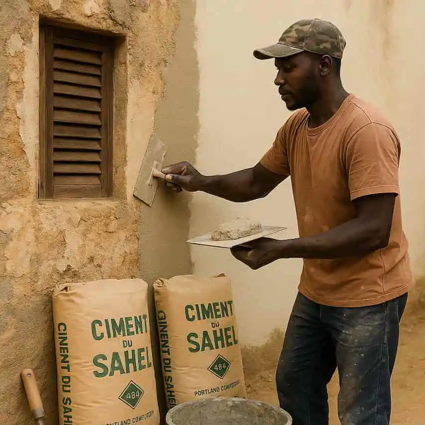 maçon sénégalais appliquant un nouvel enduit
