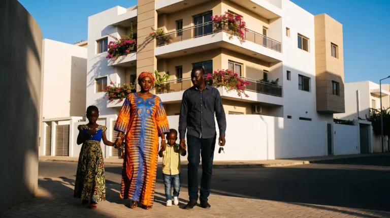 Famille sénégalaise devant une résidence récemment livrée à Dakar, le père tenant les clés