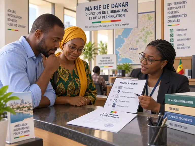 Demande de certificat d’urbanisme à Dakar : un couple sénégalais vérifie les documents nécessaires auprès d’une agente municipale.