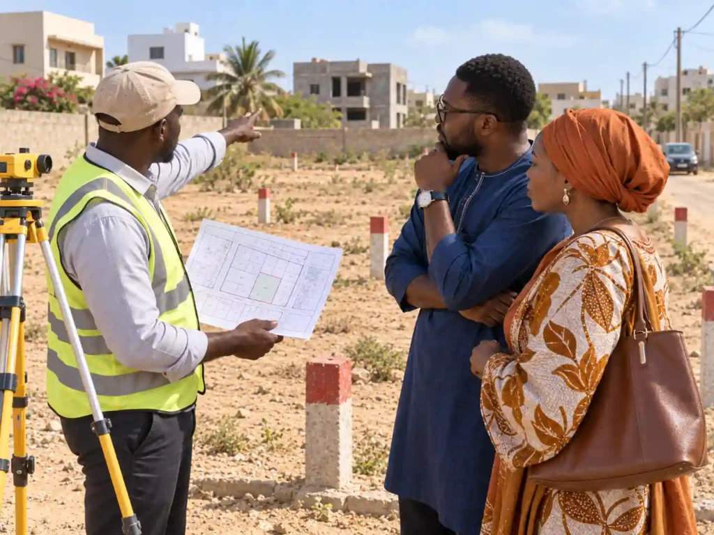 Visite d’un terrain au Sénégal : un couple contrôle les limites de la parcelle et le plan du lotissement avec un professionnel.