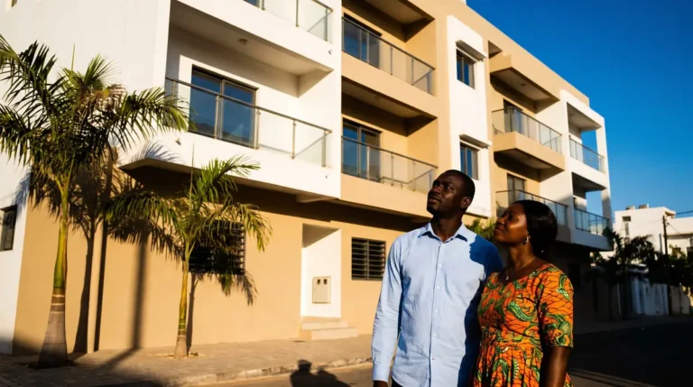 Résidence d'appartements neufs à Dakar, couple de la diaspora sénégalaise devant l'immeuble