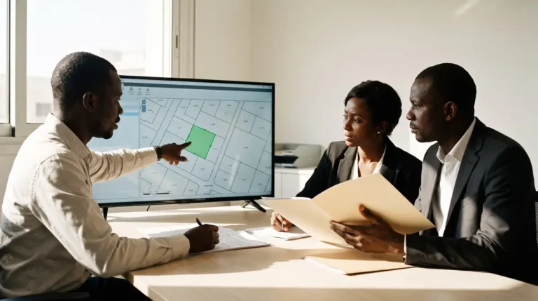 Agent du Cadastre montrant à un couple la parcelle identifiée par son NICAD sur un plan cadastral.