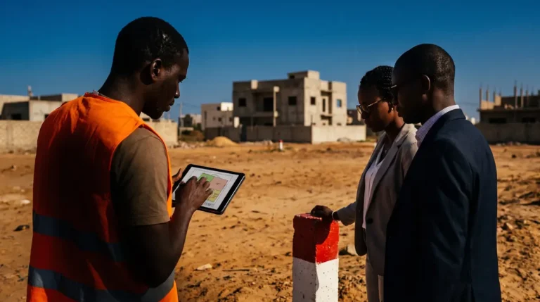 NICAD au Sénégal : un géomètre montre le plan d'une parcelle bornée à un couple de la diaspora avant l'achat.
